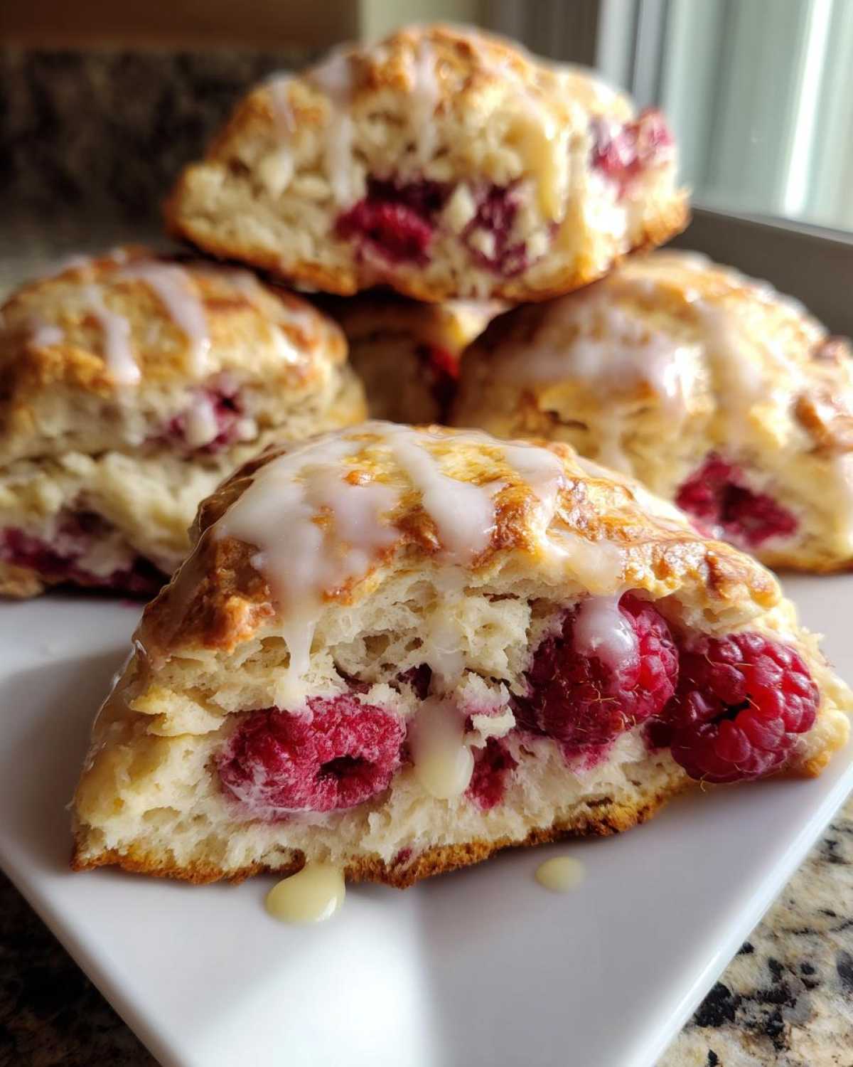 A close-up view of a stack of White Chocolate Raspberry Scones, featuring fresh raspberries and a drizzle of white chocolate glaze.
