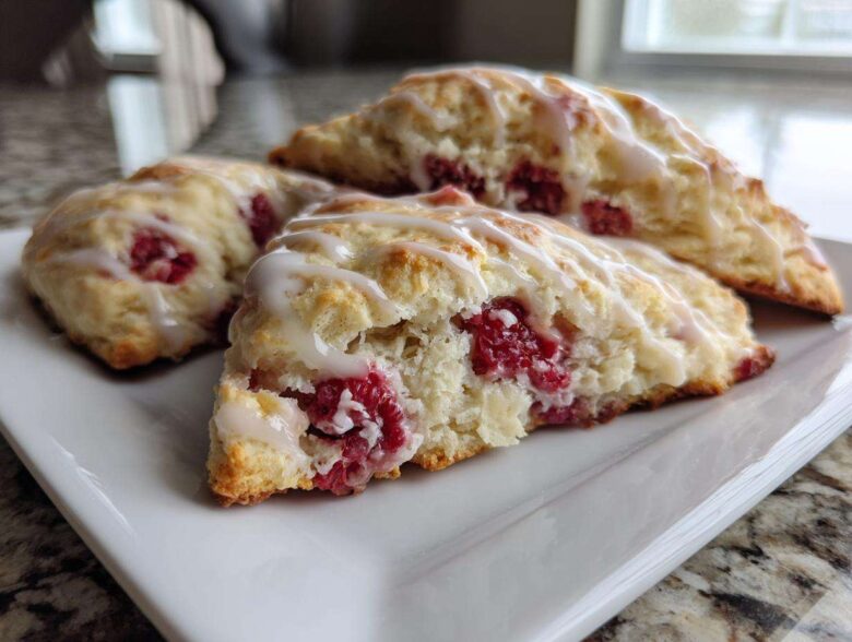 Three freshly baked White Chocolate Raspberry Scones drizzled with a sweet white glaze, resting on a white rectangular plate.