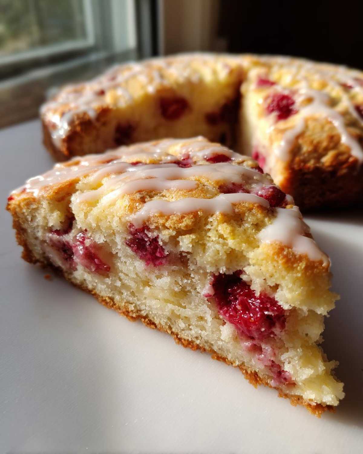 Close-up of a slice of White Chocolate Raspberry Scones, showing raspberries and white glaze.