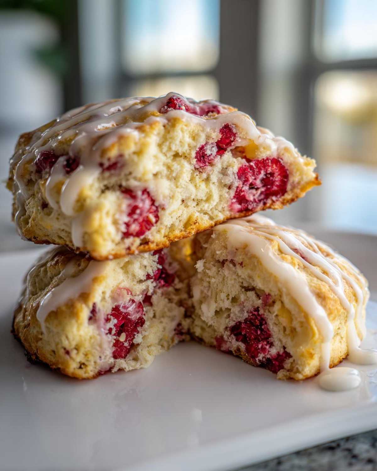 Two halves of a White Chocolate Raspberry Scone stacked, showing the moist interior filled with raspberries and topped with white chocolate glaze.