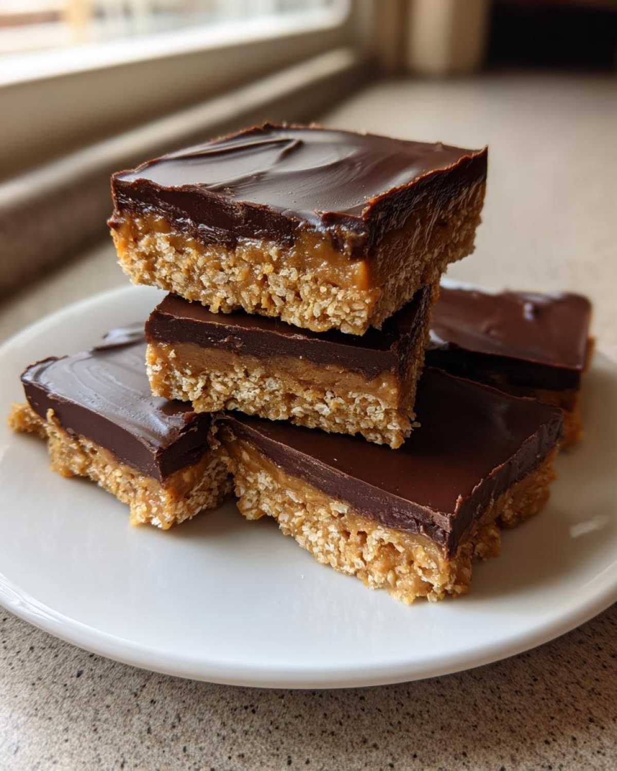 A stack of rich, layered 250 calorie Peanut Butter bars topped with smooth dark chocolate ganache.