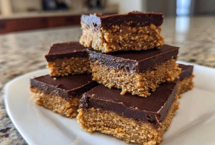A stack of rich, two-layer 250 calorie Peanut Butter Bars with a thick chocolate topping.