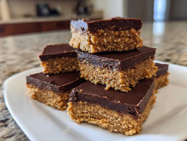 A stack of rich, two-layer 250 calorie Peanut Butter Bars with a thick chocolate topping.