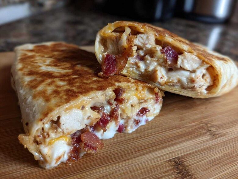 Two halves of a golden-brown Air Fryer Crispy Chicken Bacon Ranch Wrap showing the creamy filling of chicken, bacon, and ranch sauce.