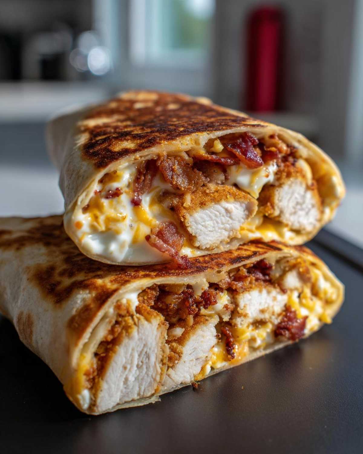 Close-up of Air Fryer Crispy Chicken Bacon Ranch Wraps cut in half, showing crispy chicken, bacon, and ranch sauce.