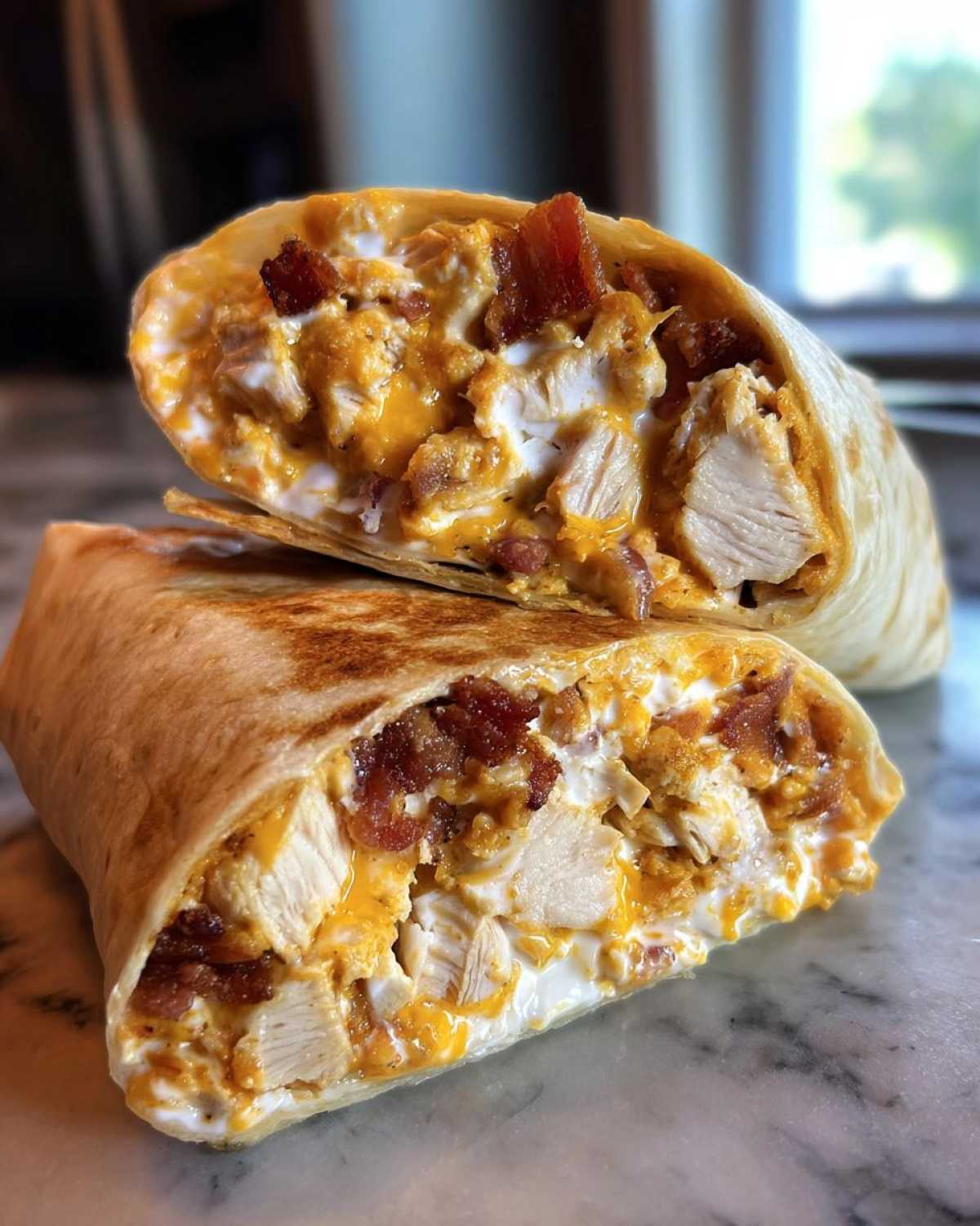 Close-up of Air Fryer Crispy Chicken Bacon Ranch Wraps cut in half, showing chicken, bacon, cheese, and ranch filling.