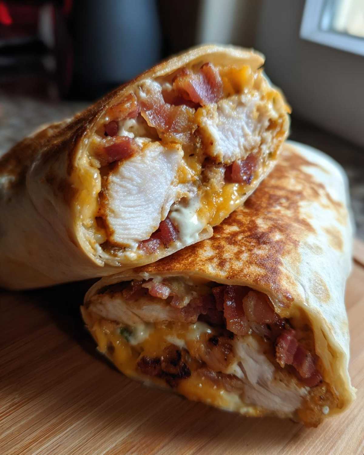 Close-up of Air Fryer Crispy Chicken Bacon Ranch Wraps cut in half, showing chicken, bacon, and ranch filling.