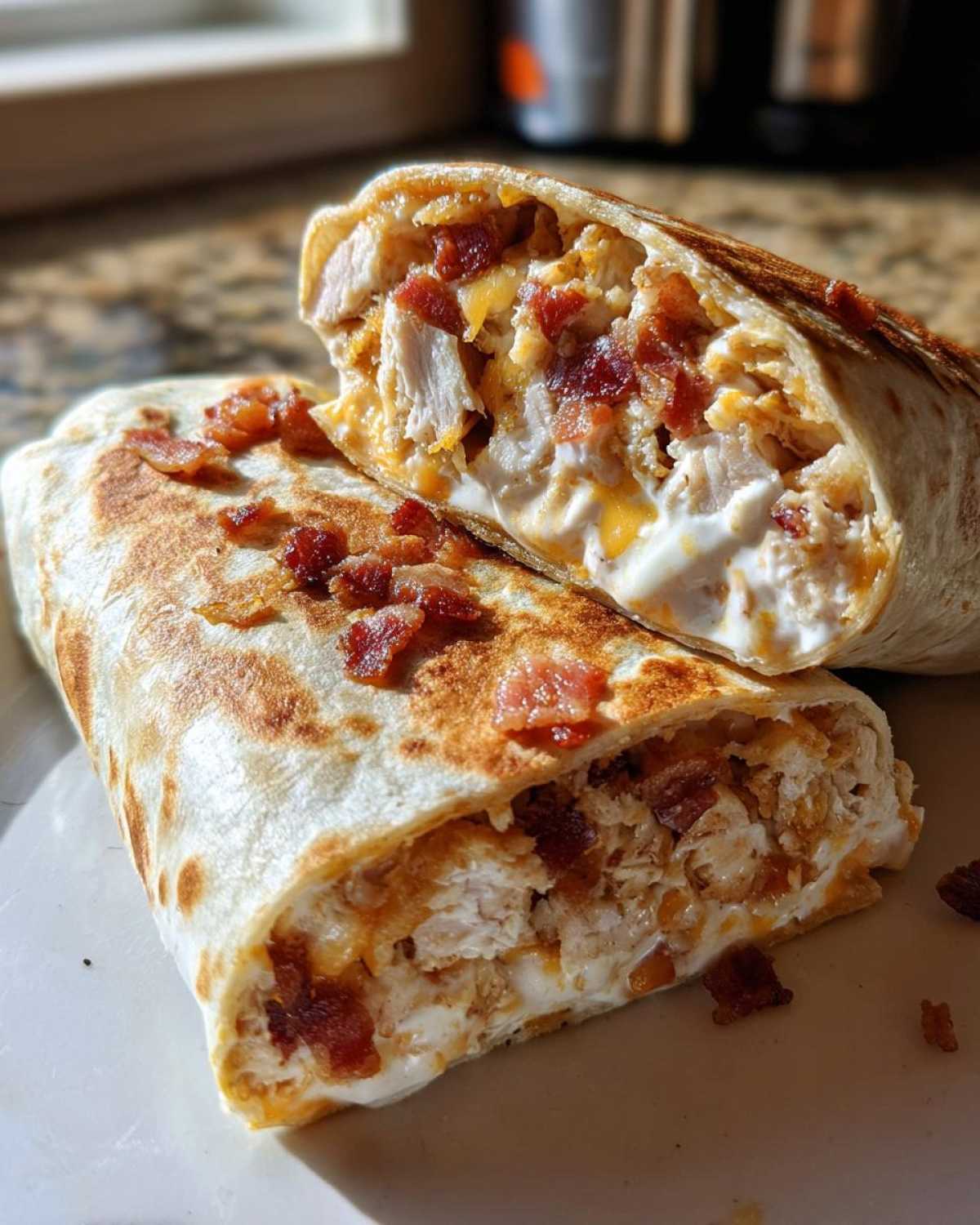 Close-up of Air Fryer Crispy Chicken Bacon Ranch Wraps cut in half, showing creamy filling, chicken, and bacon bits.