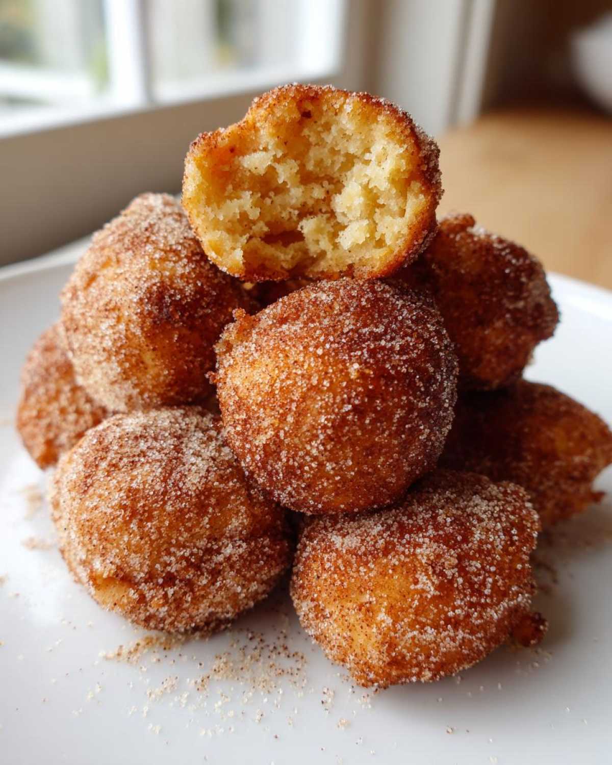 A stack of golden brown Air Fryer Crispy Cinnamon Sugar Biscuit Bites coated heavily in cinnamon sugar.