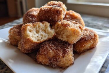 A stack of Air Fryer Crispy Cinnamon Sugar Biscuit Bites coated heavily in cinnamon sugar, with one broken open.