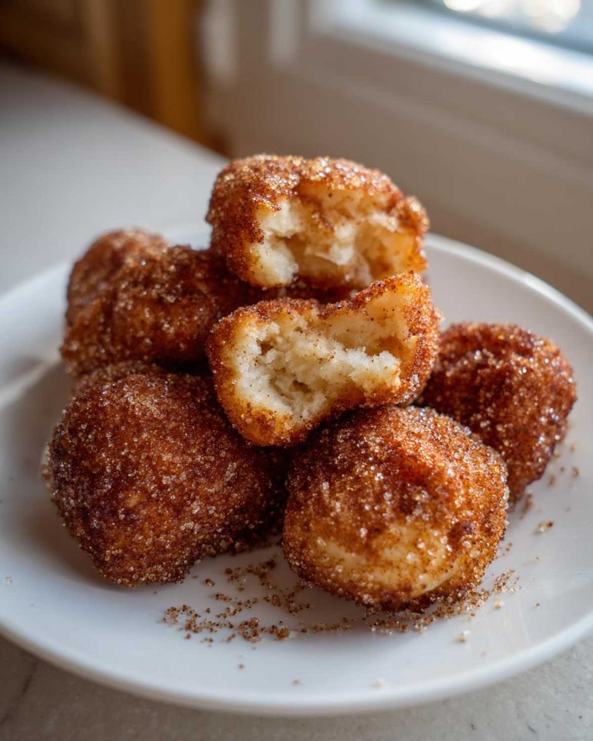 A stack of golden brown Air Fryer Crispy Cinnamon Sugar Biscuit Bites coated in cinnamon sugar on a white plate.