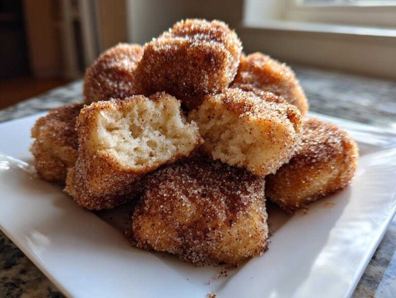 A stack of Air Fryer Crispy Cinnamon Sugar Biscuit Bites coated heavily in cinnamon sugar, with one broken open.