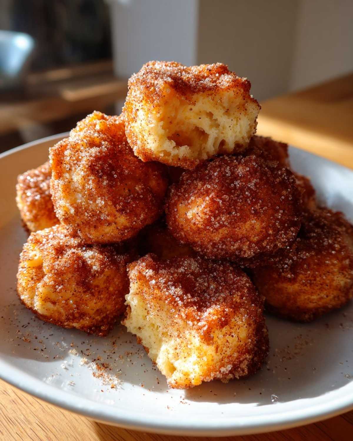 A stack of golden Air Fryer Crispy Cinnamon Sugar Biscuit Bites heavily coated in cinnamon sugar on a light plate