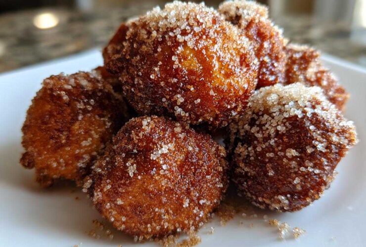 Close-up of golden brown Air Fryer Crispy Cinnamon Sugar Pretzel Bites heavily coated in sparkling sugar.