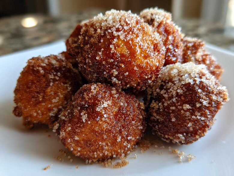 Close-up of golden brown Air Fryer Crispy Cinnamon Sugar Pretzel Bites heavily coated in sparkling sugar.