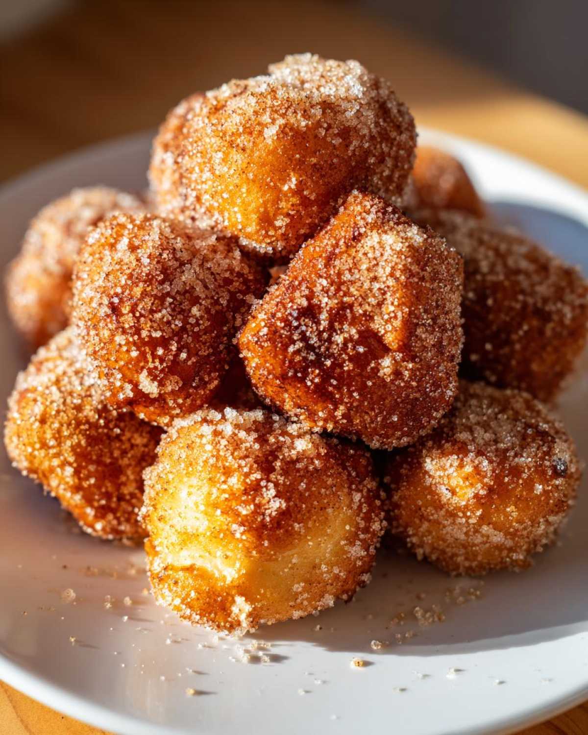 Close-up of golden brown Air Fryer Crispy Cinnamon Sugar Pretzel Bites piled high on a white plate.
