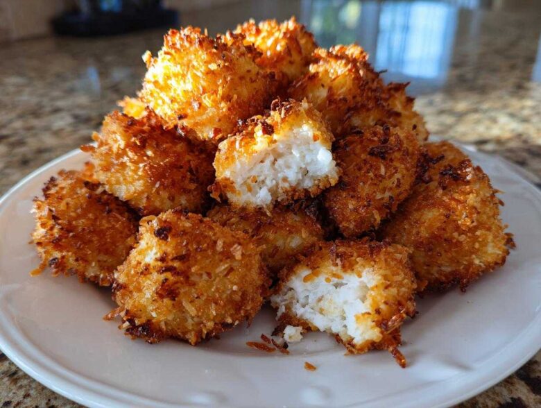 A pile of golden brown Air Fryer Crispy Coconut Chicken Bites on a white plate, one is broken open showing the white chicken inside.