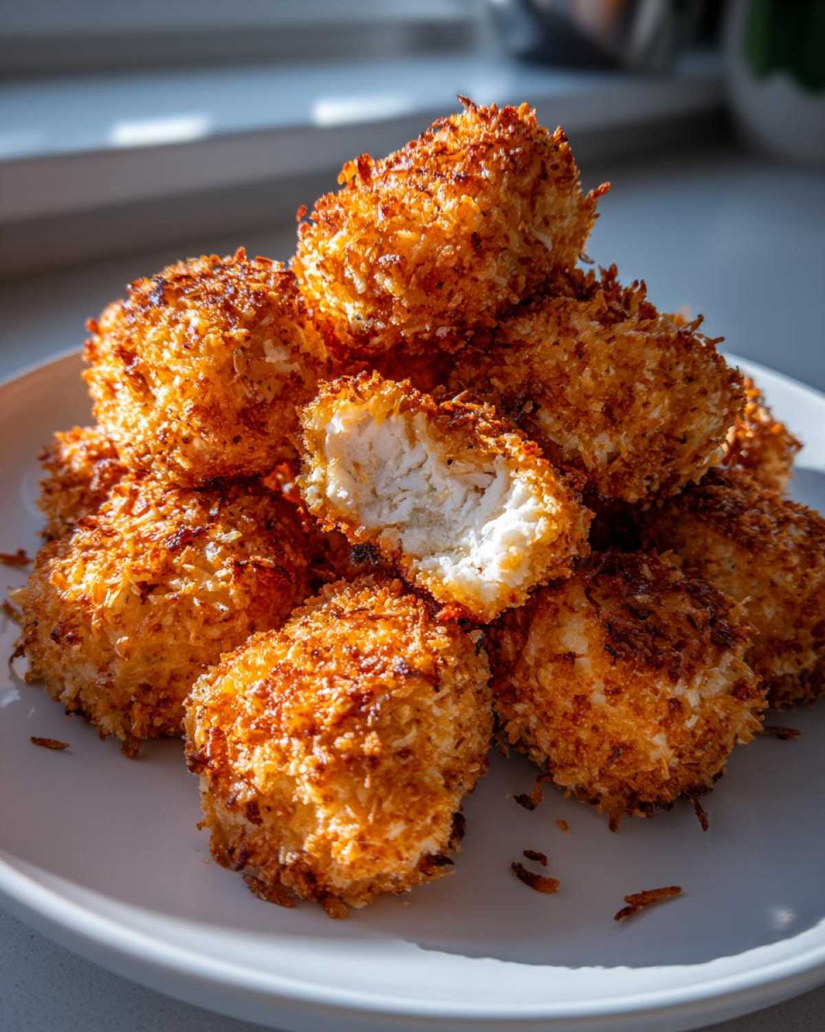 A pile of golden brown, crispy Air Fryer Crispy Coconut Chicken Bites on a white plate, one is broken open showing white chicken inside.
