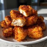 A pile of golden brown Air Fryer Crispy Coconut Chicken Bites on a white plate, one piece broken open showing white meat.