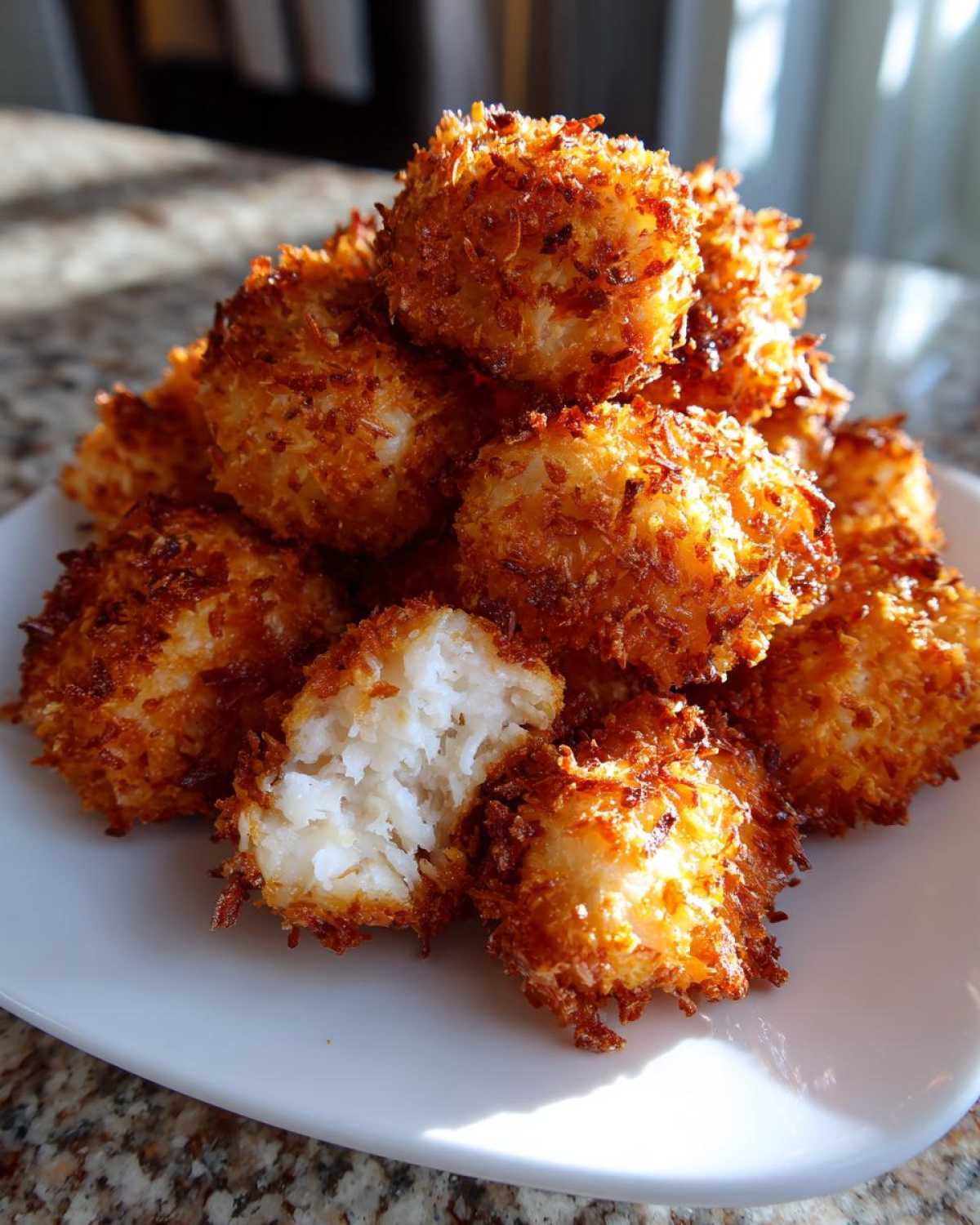 A stack of golden brown Air Fryer Crispy Coconut Chicken Bites on a white plate, one is broken open showing the white interior.