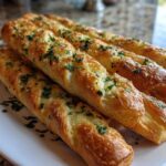 Close-up of golden Air Fryer Crispy Garlic Breadsticks sprinkled with fresh parsley on a white plate.