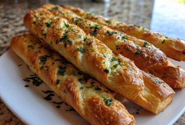 Close-up of golden Air Fryer Crispy Garlic Breadsticks sprinkled with fresh parsley on a white plate.