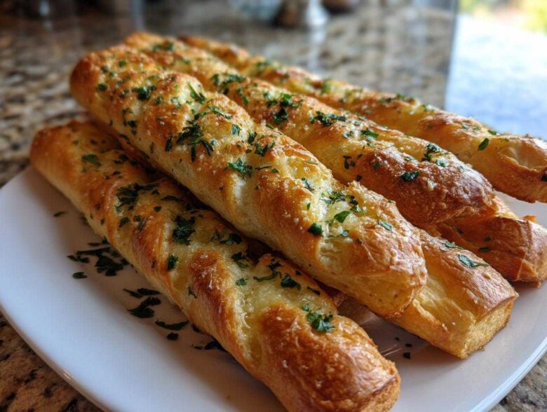 Close-up of golden Air Fryer Crispy Garlic Breadsticks sprinkled with fresh parsley on a white plate.