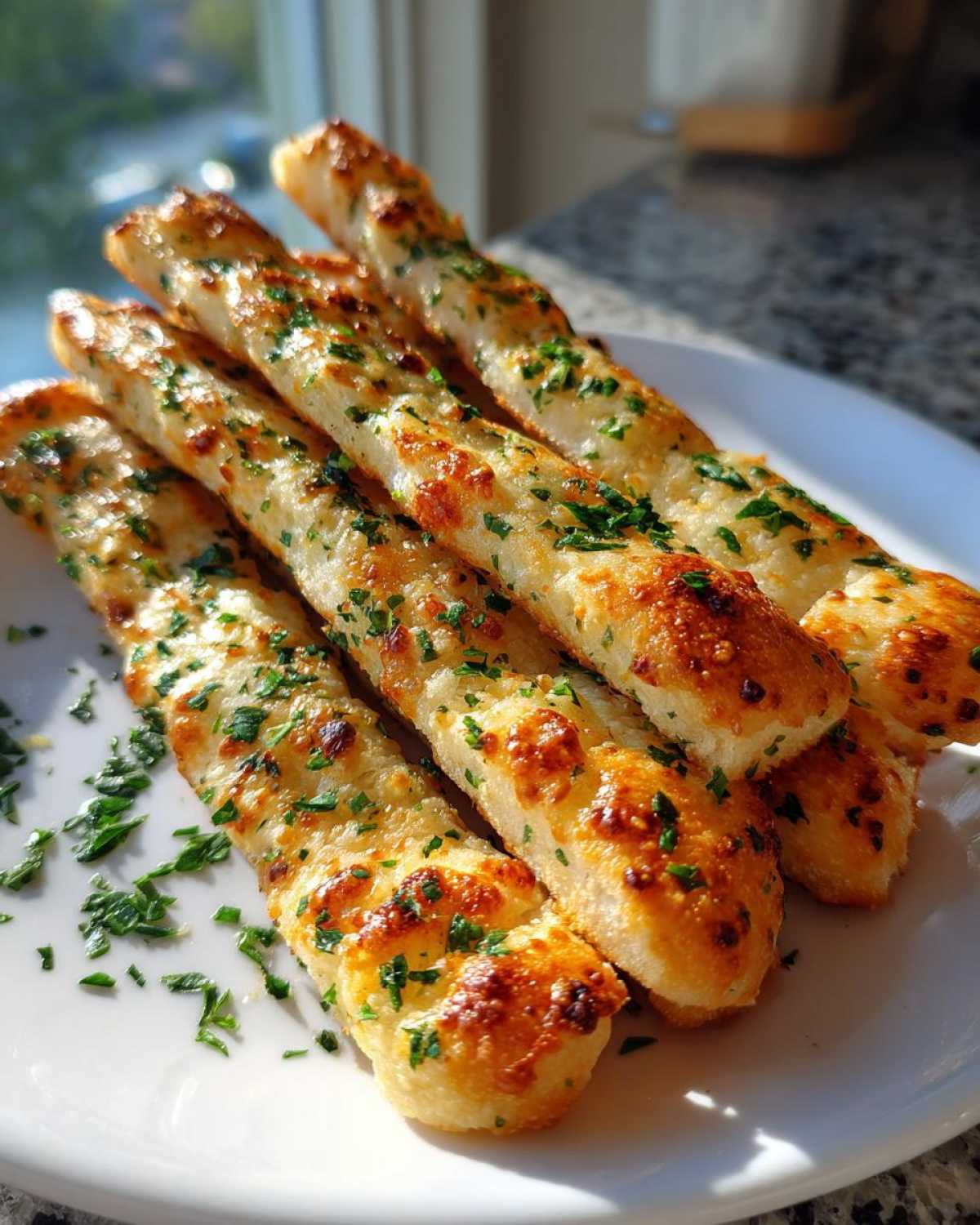 Close-up of golden brown Air Fryer Crispy Garlic Breadsticks topped with melted cheese and fresh parsley on a white plate.