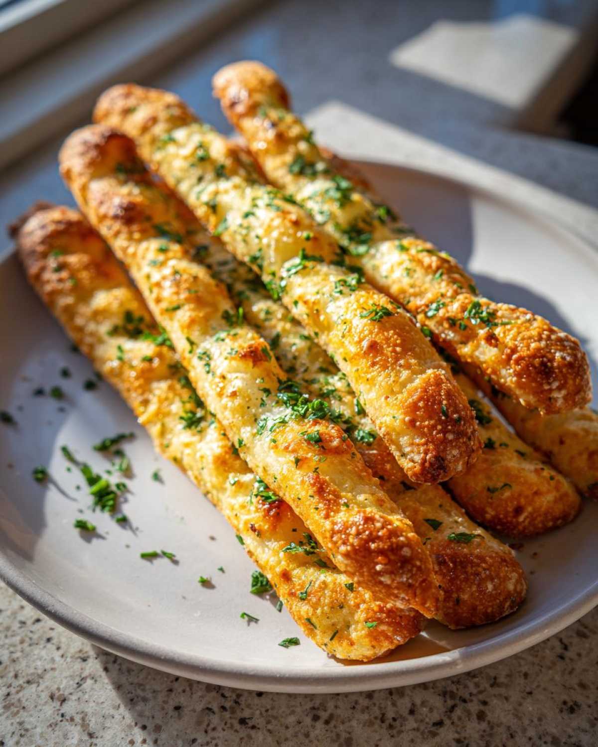 A close-up of several golden, cheesy Air Fryer Crispy Garlic Breadsticks sprinkled with fresh parsley on a light plate.