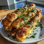 A stack of golden brown Air Fryer Crispy Garlic Breadsticks topped with fresh chopped parsley.