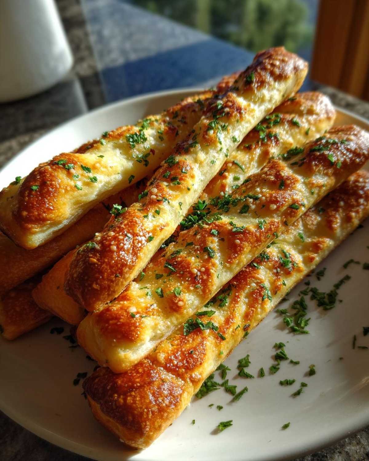 A stack of golden brown Air Fryer Crispy Garlic Breadsticks topped with melted cheese and fresh parsley.