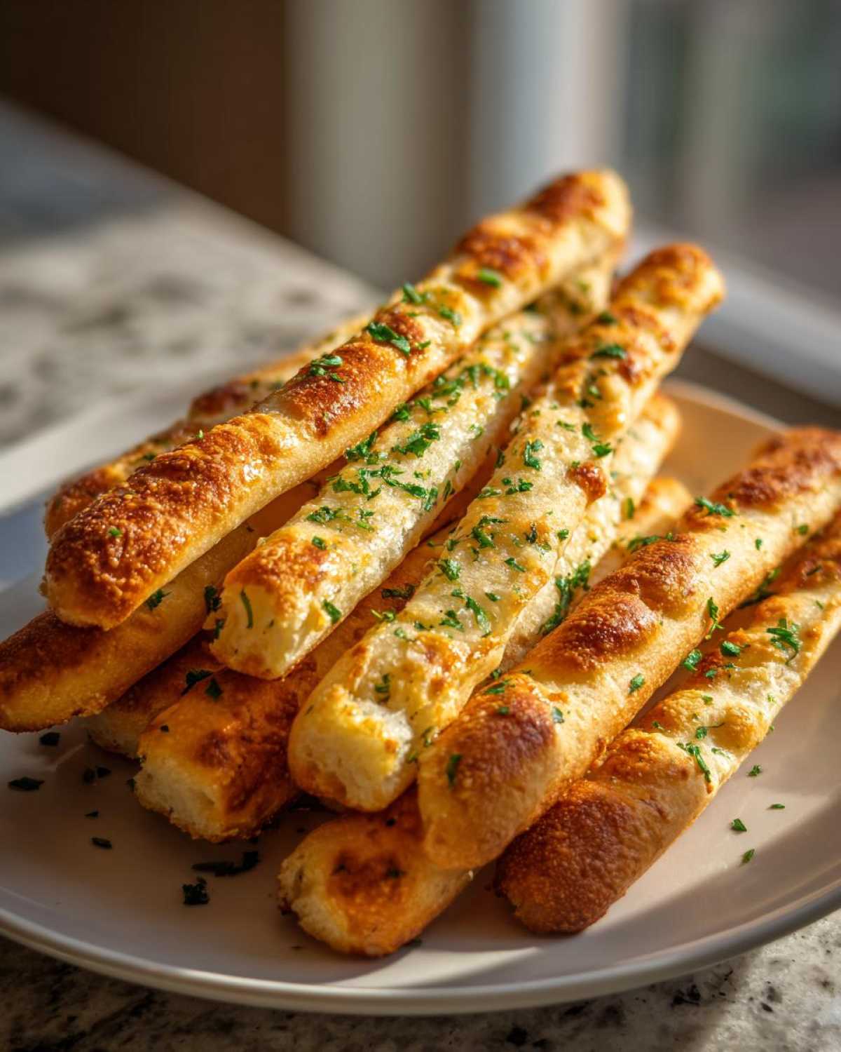 A stack of golden brown Air Fryer Crispy Garlic Breadsticks, sprinkled with fresh parsley, resting on a white plate.