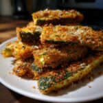 A stack of golden brown, breaded Air Fryer Crispy Garlic Dill Pickles spears on a white plate.