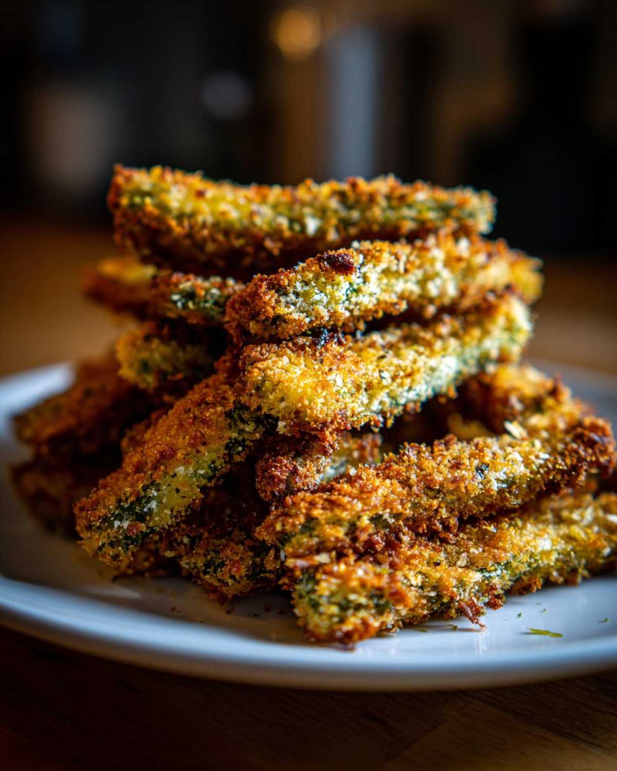 A tall stack of golden brown, breaded Air Fryer Crispy Garlic Dill Pickles served on a white plate.