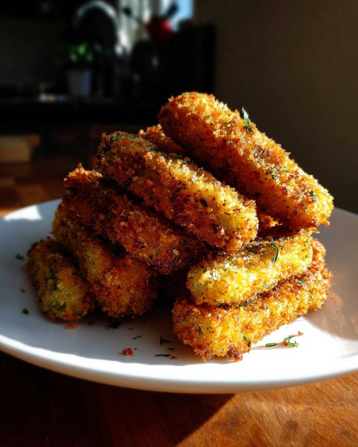 A stack of golden brown Air Fryer Crispy Garlic Dill Pickles seasoned with herbs on a white plate.