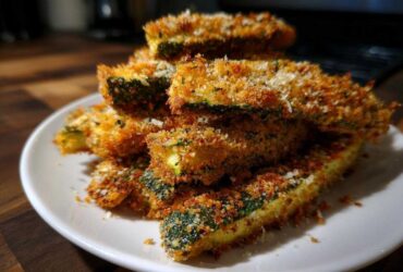 A stack of golden brown, breaded Air Fryer Crispy Garlic Dill Pickles spears on a white plate.