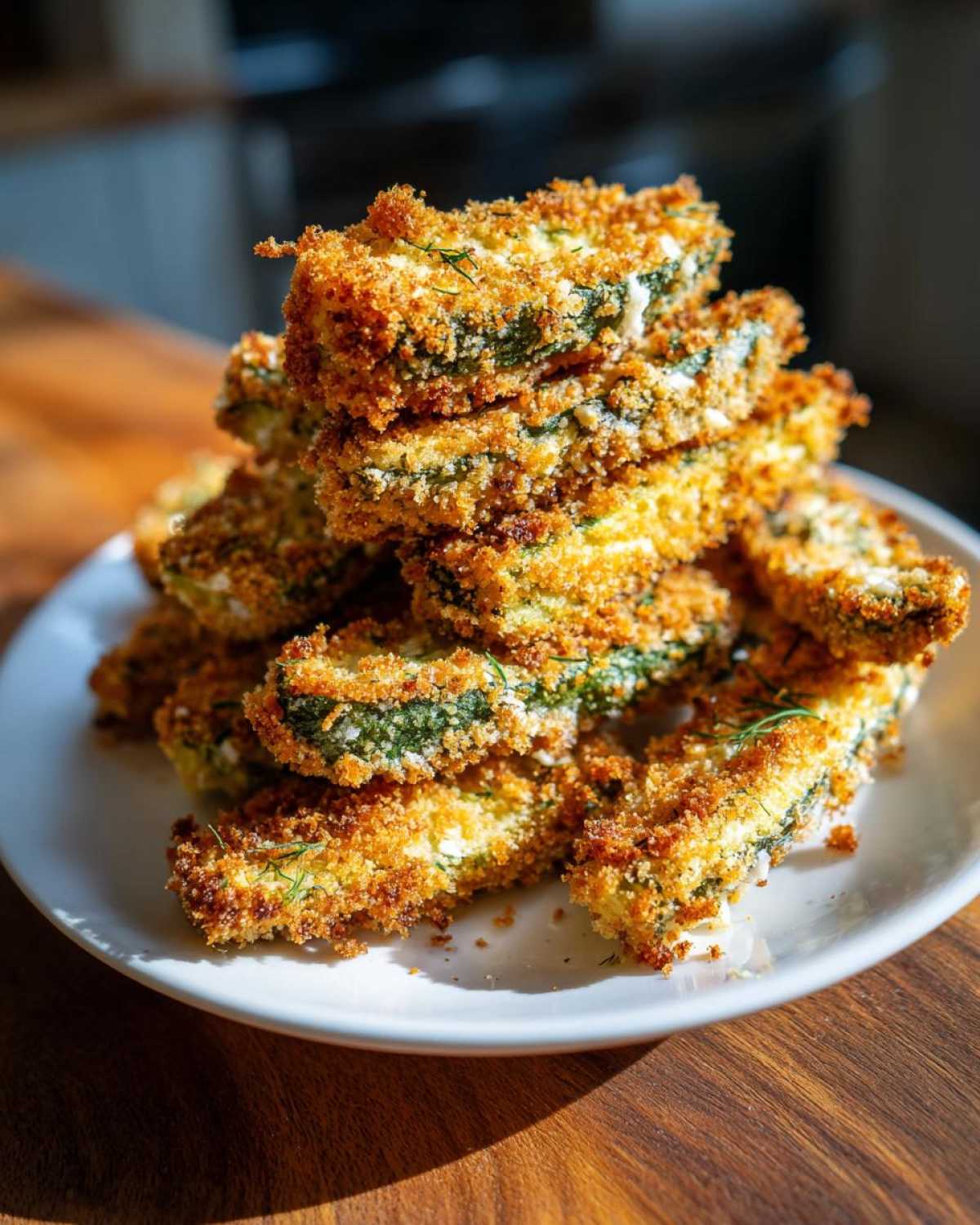 A tall stack of golden brown, breaded Air Fryer Crispy Garlic Dill Pickles on a white plate.