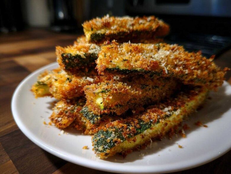 A stack of golden brown, breaded Air Fryer Crispy Garlic Dill Pickles spears on a white plate.