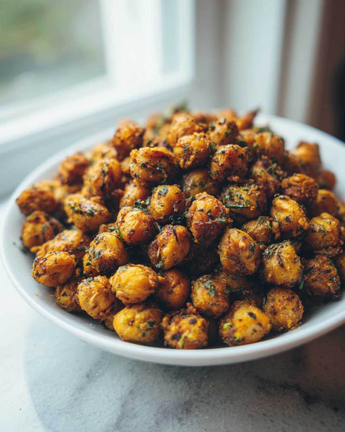 A white bowl filled with golden brown Air Fryer Crispy Garlic Herb Chickpeas seasoned with visible green herbs.