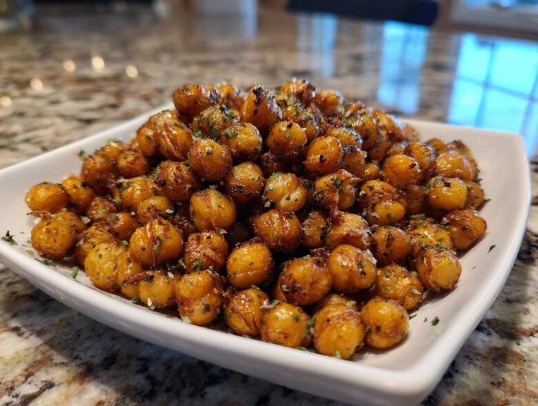 A close-up of golden brown Air Fryer Crispy Garlic Herb Chickpeas seasoned with herbs, piled high in a white square bowl.