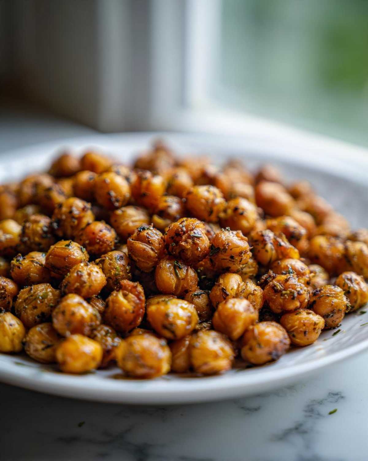Close-up of golden brown Air Fryer Crispy Garlic Herb Chickpeas seasoned with herbs on a white plate.
