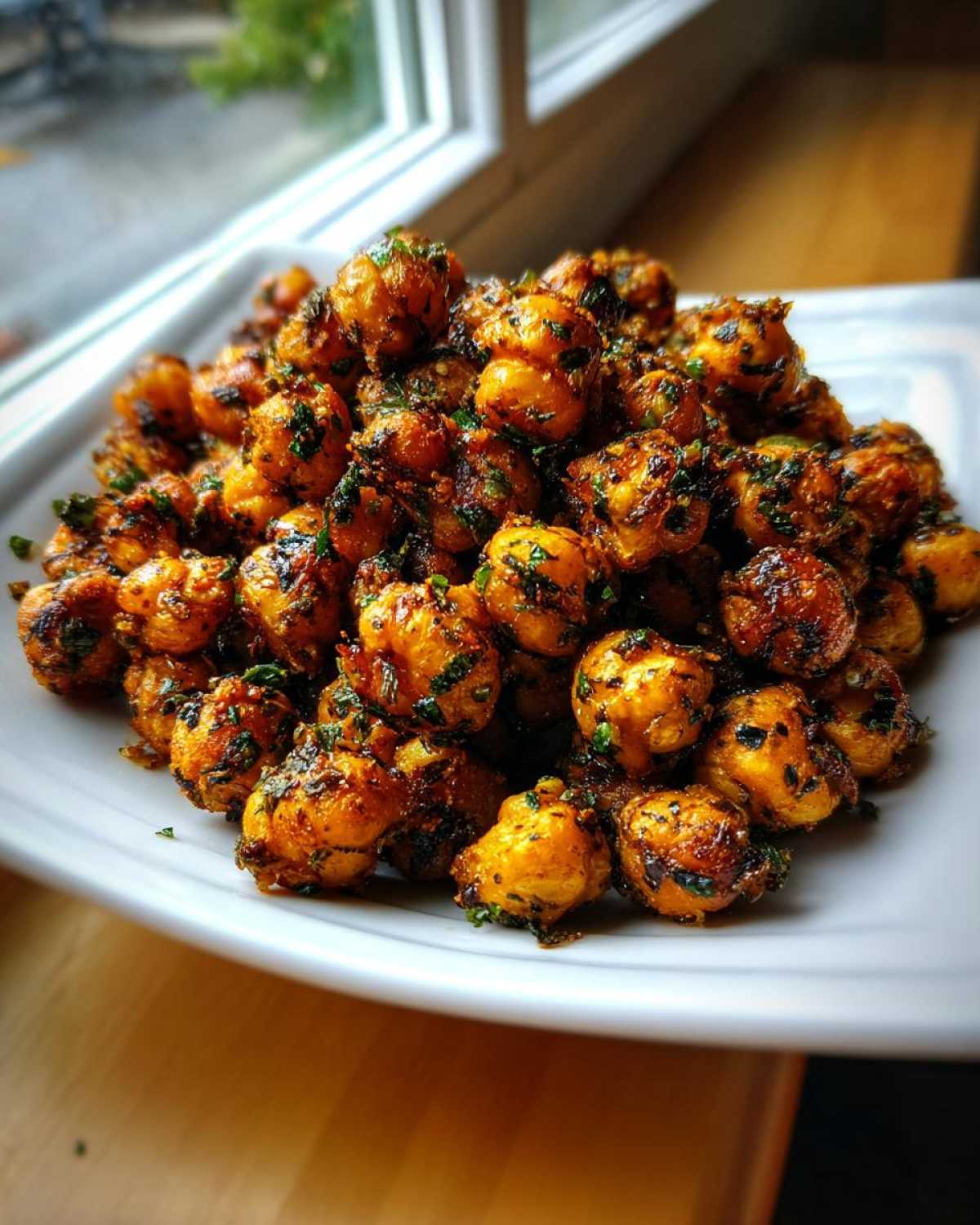 A close-up of a mound of golden brown Air Fryer Crispy Garlic Herb Chickpeas seasoned with dark spices and green herbs.