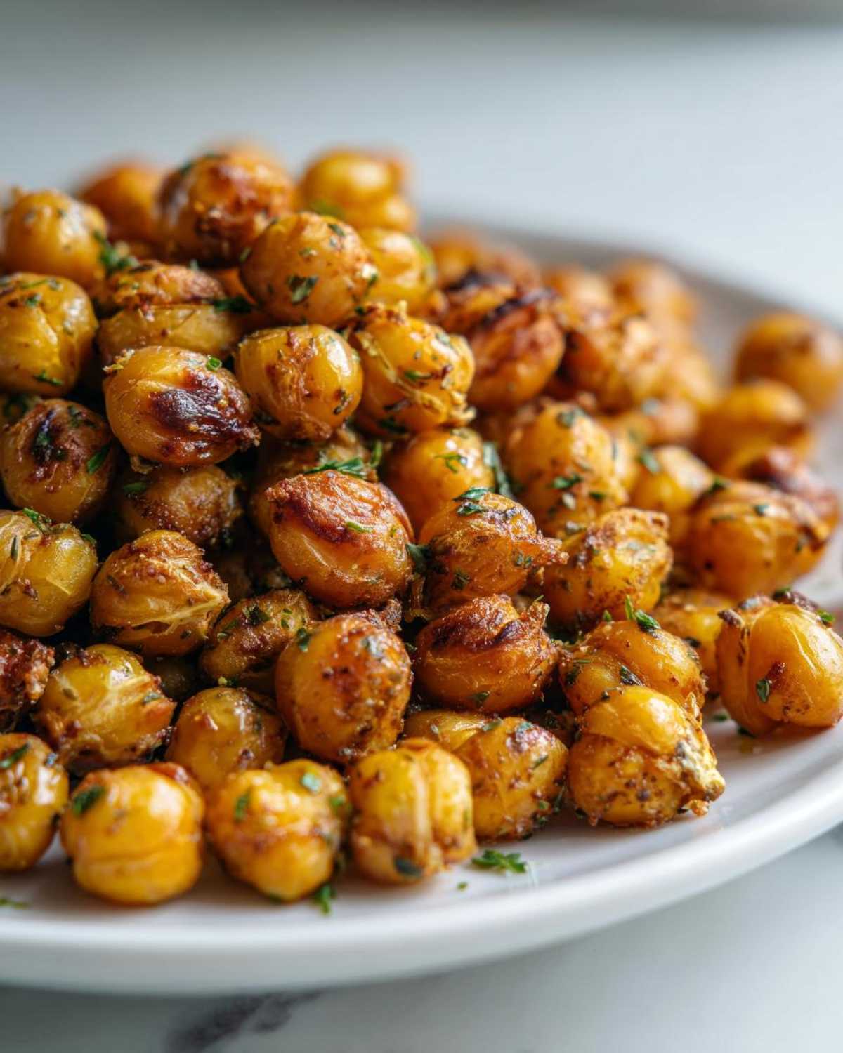 A close-up of golden brown, crispy Air Fryer Crispy Garlic Herb Chickpeas seasoned with herbs, piled on a white plate.