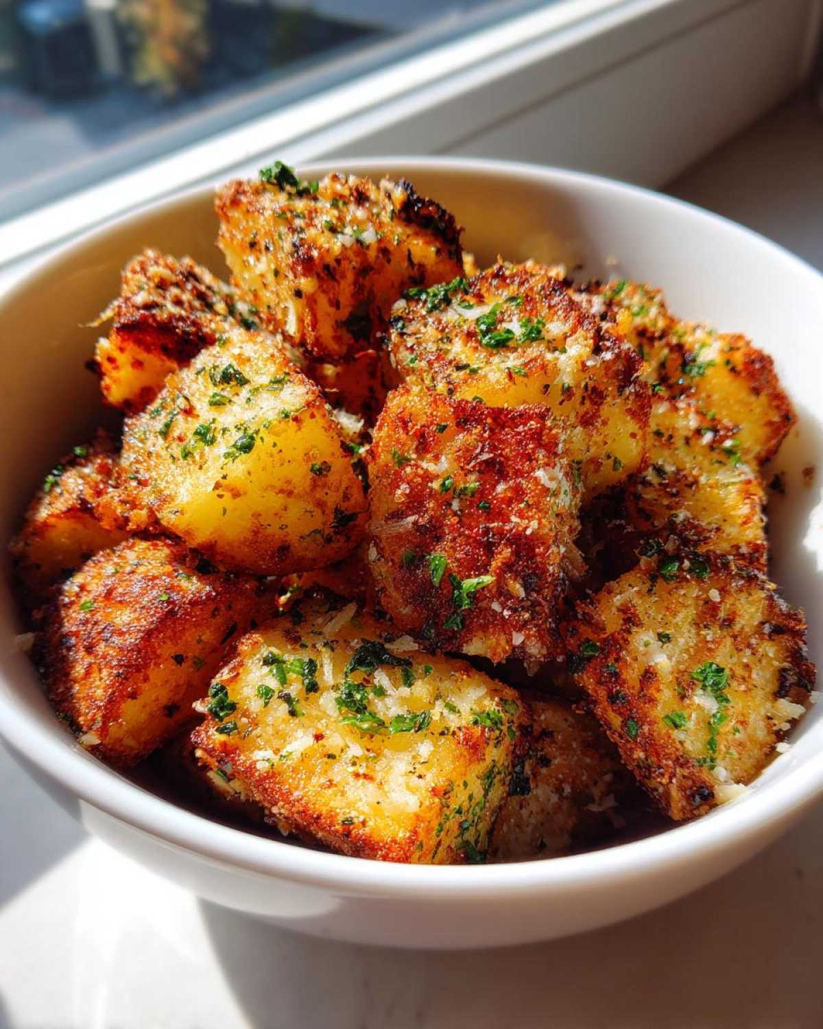 Close-up of golden brown Air Fryer Crispy Garlic Parmesan Potato Cubes topped with grated cheese and parsley in a white bowl.