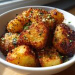Close-up of golden brown Air Fryer Crispy Garlic Parmesan Potato Cubes topped with herbs in a white bowl.