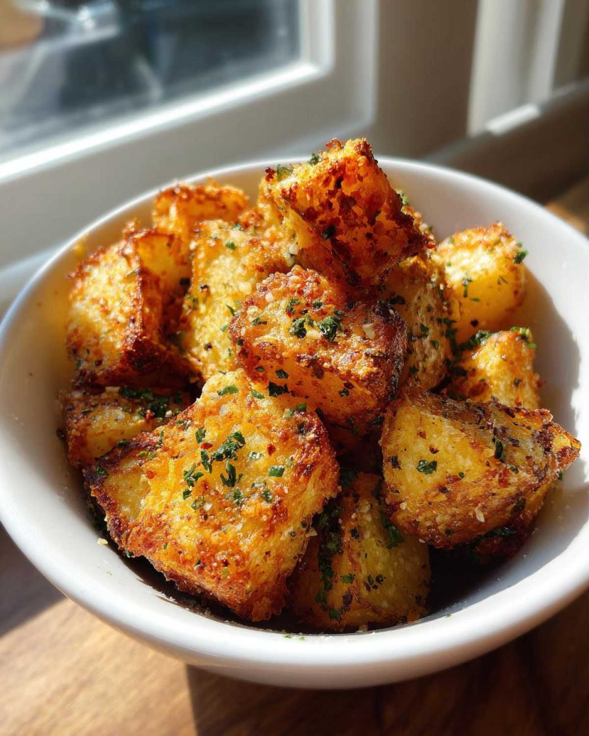 A white bowl filled with golden brown Air Fryer Crispy Garlic Parmesan Potato Cubes, topped with green herbs.