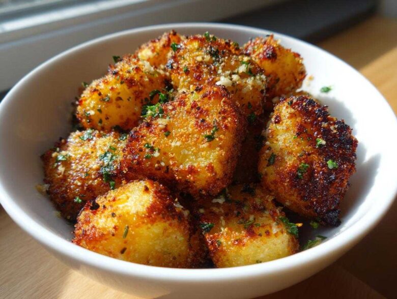 Close-up of golden brown Air Fryer Crispy Garlic Parmesan Potato Cubes topped with herbs in a white bowl.