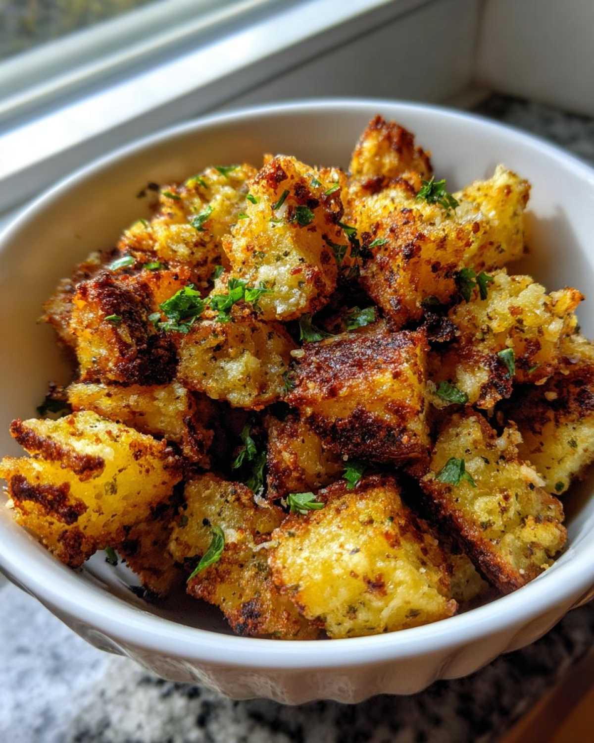 A white bowl filled with golden brown Air Fryer Crispy Garlic Parmesan Potato Cubes, garnished with fresh parsley.
