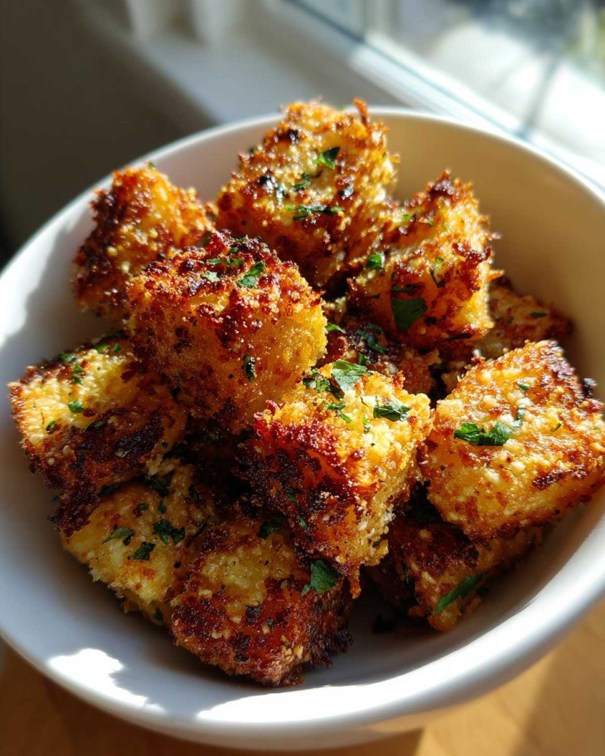 Close-up of golden brown Air Fryer Crispy Garlic Parmesan Potato Cubes garnished with parsley in a white bowl.