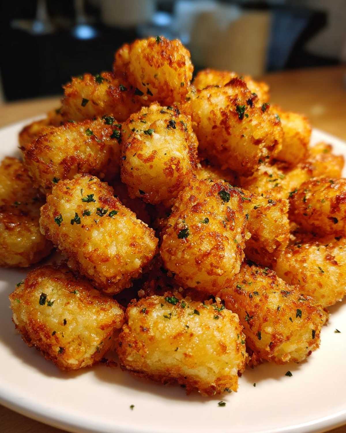 A close-up mound of golden brown Air Fryer Crispy Garlic Parmesan Tater Tots sprinkled with green herbs.